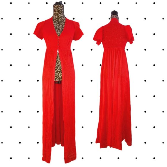 Red vintage button up nightgown with lace back - Picture 1 of 7